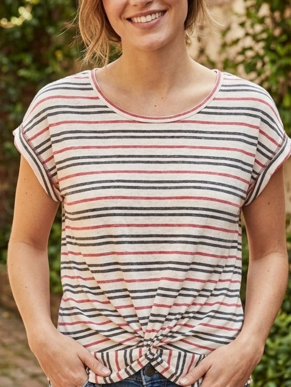 Lucky Brand Striped Knot-Front Tee in Pink, Black and Cream